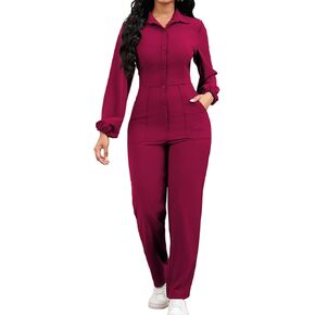 Women's Casual One Piece Jumpsuit Bodycon Long Sleeve Button Up Long Straight Pants Romper with Pocket