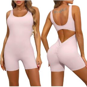 OVESPORT Women Jumpsuits Sexy Backless One Piece Romper Control V Back Scrunch Shorts Sleeveless Tummy Bodycon Jumpsuit