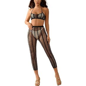 Women Sexy Tights Stretchy Fishnet Set Neck Top+Opening Leggings Stripe Pantihose Bodysuit Two Piece Outfit