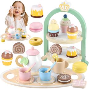 GAGAKU Wooden Tea Set for Toddlers 1-3, Wood Tea Party Set for Little Girls Wooden Coffee Afternoon Tea Toys Play Food forToddler Pretend Play Kitchen Accessories for Kids