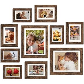 HAMITOR Picture Frames Collage Wall Decor, 10 pack Photo Frame Set for Wall Gallery Decor-Farmhouse Wood Photo Display 8x10 or 5x7 with Mat or 4x6 without Mat for Wall Mounting or Tabletop-Rust Brown