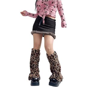 WDIRARA Women's Leopard Pattern Fuzzy Leg Warmers Fur Long Boot Cuffs Cover