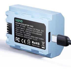 llano NP-FZ100 Battery Pack (USB-C Input) 2400mAh High-Capacity, Compatible with Sony A7 III, A7 IV, A6600, A7C, A7R III, A7R IV, A7R V, A7S III, A1, A9, A9 II, FX3, FX30, ZV-E1 - Black