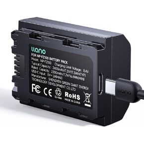 llano NP-FZ100 Battery Pack (USB-C Input) 2400mAh High-Capacity, Compatible with Sony A7 III, A7 IV, A6600, A7C, A7R III, A7R IV, A7R V, A7S III, A1, A9, A9 II, FX3, FX30, ZV-E1 - Black