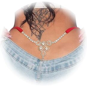 Crystal Flower Thong Panties Jewelry Stretch Rope Rhinestone Chain Thong G String Bikini Panties Underwear Jewelry for Women