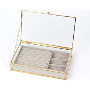 Feyarl Gold Glass Jewelry Trinket Box Ring Earring Display Bracelet Brooch Organizer Collection Case Decorative Keepsake Box with Gray Velvet Tray for Home Deco Dresser Tabltop