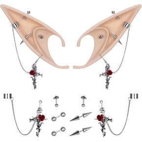 FRESHME 2 Pairs of Fairy Elf Ears with Sliver Piercings - Gothic Elf Ear Cuffs Skull Rose Cross Studs Sterling Earrings