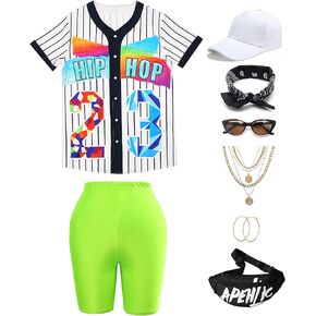 Ezuwail 80s 90s Outfits for Women Hip Hop Costume Baseball Jersey Shirt Yoga Pants Set 90s Party Costumes Accessories