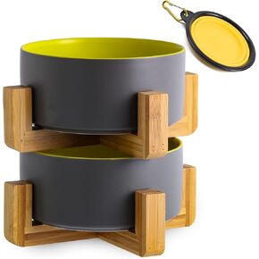 Petygooing Ceramic Dog Cat Bowl Dish with Stand for Food and Water Feeder, Modern Cute Heavy Weighted Pet Bowls Set for Cats & Small Size Dogs 13.5 OZ (5.1In / 1.7 Cups) Black Dot