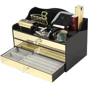 MyGift Premium Black Acrylic Cosmetic Makeup Jewelry Organizer Ring Tray Cabinet Box with Mirrored Brass Tone Pull Out Drawer with Multiple Compartments and Velvet Jewelry Tray Liners