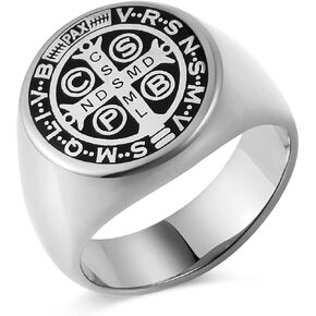HZMAN Men St Benedict Exorcism Ring Stainless Steel Catholic Roman Cross Demon Protection Ghost Hunter Ring