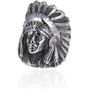 Men's Stainless Steel Punk Gothic Indian Chief Headdress Tribal Native American Ring Rock Band Silver Black