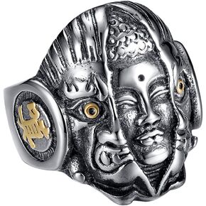 PAURO Men's Stainless Steel Vintage Supernatural Buddha and Devil Ring Engraved Chinese Character