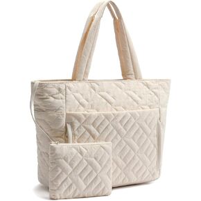 Tote Bag for Women, Quilted Puffer Tote Bag with Zipper, Large Shoulder Handbag Work Bag with Compartments for Travel