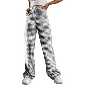 WDIRARA Women's Plaid High Waist Button Wide Leg Pants Gingham Trousers
