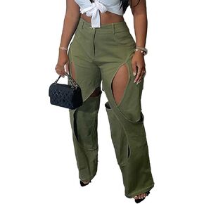 SOMTHRON Women's Sexy Hollow Out High Waisted Pants Criss Cross Straight Wide Leg Loose Trousers Y2K Streetwear