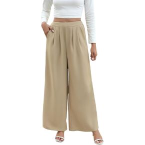 Women's Wide Leg Pants High Waisted Elastic Pleated Casual Palazzo Pants with Pockets