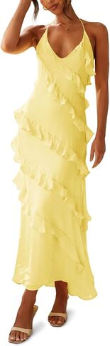 Wenrine Womens Sexy Chiffon Halter Maxi Dress Sleeveless Backless Ruffle Tassel Party Club Dresses in Kuwait