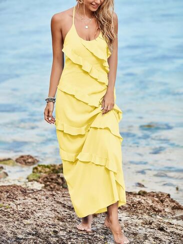 Wenrine Womens Sexy Chiffon Halter Maxi Dress Sleeveless Backless Ruffle Tassel Party Club Dresses in Kuwait