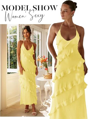 Wenrine Womens Sexy Chiffon Halter Maxi Dress Sleeveless Backless Ruffle Tassel Party Club Dresses in Kuwait