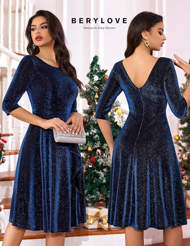 BeryLove Women Glitter Formal Party Dress 3/4 Sleeve Sparkly Cocktail Midi Prom Dress in Saudi Arabia