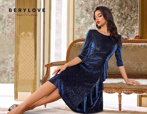 BeryLove Women Glitter Formal Party Dress 3/4 Sleeve Sparkly Cocktail Midi Prom Dress in Saudi Arabia