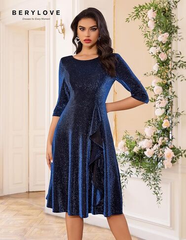 BeryLove Women Glitter Formal Party Dress 3/4 Sleeve Sparkly Cocktail Midi Prom Dress in Saudi Arabia