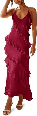 Wenrine Womens Sexy Chiffon Halter Maxi Dress Sleeveless Backless Ruffle Tassel Party Club Dresses in Kuwait