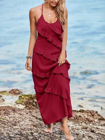 Wenrine Womens Sexy Chiffon Halter Maxi Dress Sleeveless Backless Ruffle Tassel Party Club Dresses in Kuwait