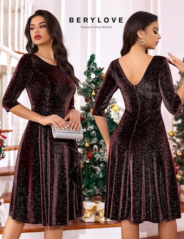 BeryLove Women Glitter Formal Party Dress 3/4 Sleeve Sparkly Cocktail Midi Prom Dress in Saudi Arabia