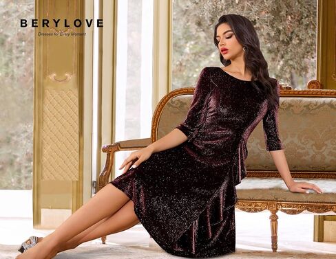BeryLove Women Glitter Formal Party Dress 3/4 Sleeve Sparkly Cocktail Midi Prom Dress in Saudi Arabia