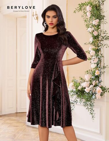 BeryLove Women Glitter Formal Party Dress 3/4 Sleeve Sparkly Cocktail Midi Prom Dress in Saudi Arabia