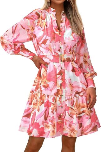 MASCOMODA Fall Dresses for Women 2024 Elegant Long Sleeve Button Short Floral Dress Chiffon A-Line Tie Waist Flowy Mini Dress in Kuwait