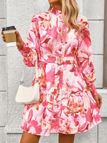 MASCOMODA Fall Dresses for Women 2024 Elegant Long Sleeve Button Short Floral Dress Chiffon A-Line Tie Waist Flowy Mini Dress in Kuwait