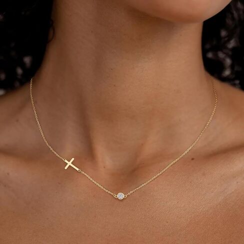 MIDEEO Cross Necklace for Women, Dainty 14k Gold Plated Cross Pendant Necklace Gold Cross Birthstone Necklace Tiny Sideway Cross Choker Necklace Trendy Christmas Gift for Women in Saudi Arabia