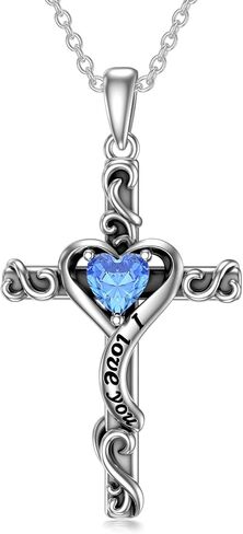 TOUPOP Valentines Day Gifts Birthstone Cross Necklace for Women 925 Sterling Silver Heart Cross Pendant Necklace I Love You Jewelry Birthday Gifts for Her Girlfriend Wife Mom in Kuwait