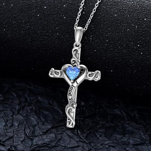 TOUPOP Valentines Day Gifts Birthstone Cross Necklace for Women 925 Sterling Silver Heart Cross Pendant Necklace I Love You Jewelry Birthday Gifts for Her Girlfriend Wife Mom in Kuwait