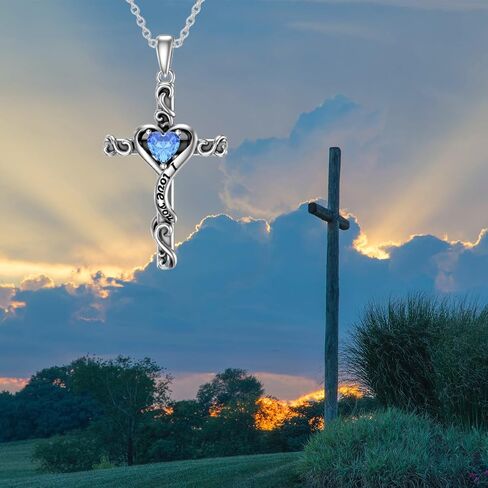 TOUPOP Valentines Day Gifts Birthstone Cross Necklace for Women 925 Sterling Silver Heart Cross Pendant Necklace I Love You Jewelry Birthday Gifts for Her Girlfriend Wife Mom in Kuwait