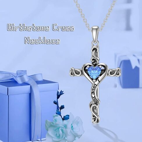 TOUPOP Valentines Day Gifts Birthstone Cross Necklace for Women 925 Sterling Silver Heart Cross Pendant Necklace I Love You Jewelry Birthday Gifts for Her Girlfriend Wife Mom in Kuwait