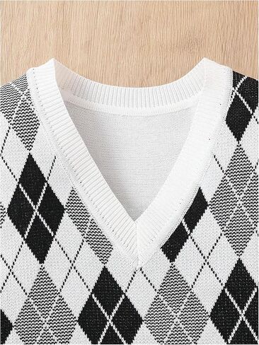 سترة OYOANGLE للفتيات Argyle منقوشة برقبة على شكل V سترة بدون أكمام من Preppy بلوفر كاجوال محبوك بدون أكمام in Kuwait