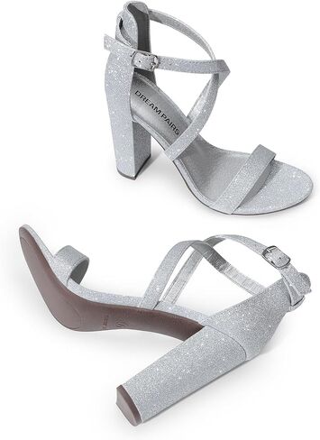 DREAM PAIRS كعب عالٍ 4 بوصة للنساء صندل بكعب مكتنز وحزام متقاطع مفتوح من الأمام لحفلات الزفاف والسهرات وحفلات العودة للوطن in Saudi Arabia
