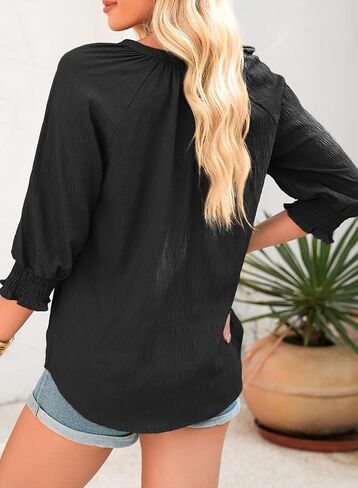 Dokotoo Womens Summer Tops Half Lantern Sleeve Blouses Casual V-Neck Textured Button Down Shirts in Saudi Arabia