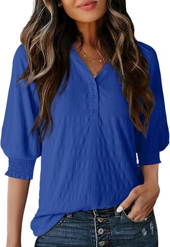 Dokotoo Womens Summer Tops Half Lantern Sleeve Blouses Casual V-Neck Textured Button Down Shirts in Saudi Arabia