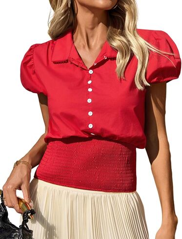 Tankaneo Womens Puff Sleeve Smocked Blouse Tops Cute Button Down Shirts Casual Summer Cotton Tees in Saudi Arabia