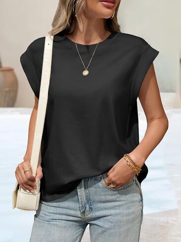 Tankaneo Womens Summer Tops Crew Neck Cap Sleeve Tank Top Casual Loose Fit Basic Tee Shirts in Kuwait