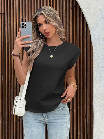 Tankaneo Womens Summer Tops Crew Neck Cap Sleeve Tank Top Casual Loose Fit Basic Tee Shirts in Kuwait