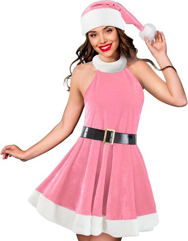 Hillban Women Christmas Santa Dress Costume Outfit with Hat Belt Velvet Adult Mrs. Claus Cosplay Xmas Dress for Lady in Kuwait