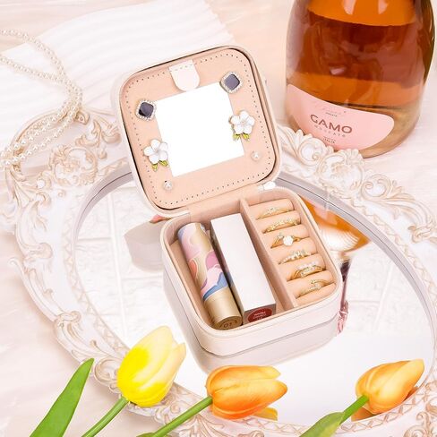 Jewelry Box, Travel Jewelry Case with Mirror, Portable Mini Jewelry Holder Organizer Letter A Chenille Patch, 2 Layer Storage Boxes for Girls Womens Rings, Earrings and Necklaces (White) in Saudi Arabia