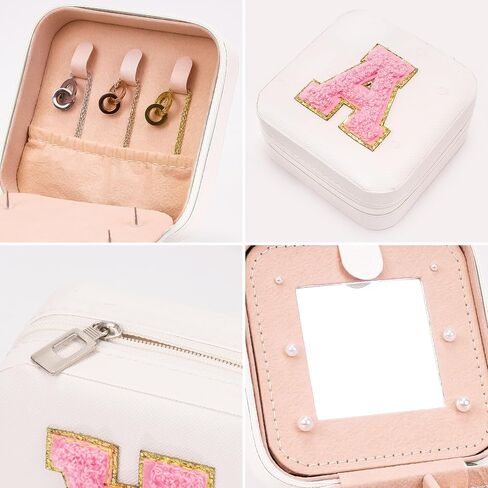 Jewelry Box, Travel Jewelry Case with Mirror, Portable Mini Jewelry Holder Organizer Letter A Chenille Patch, 2 Layer Storage Boxes for Girls Womens Rings, Earrings and Necklaces (White) in Saudi Arabia