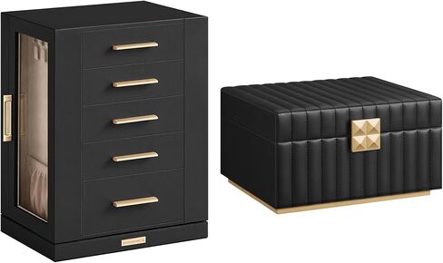 صندوق مجوهرات SONGMICS يدور 360 درجة وحزمة صندوق مجوهرات مكونة من طبقتين، حقيبة تخزين مجوهرات، 5 أدراج، تأثير عائم، نافذة زجاجية، مرآة، هدية، أسود جرافيت وحبر أسود UJBC170B01 وUJBC182B01 in Kuwait